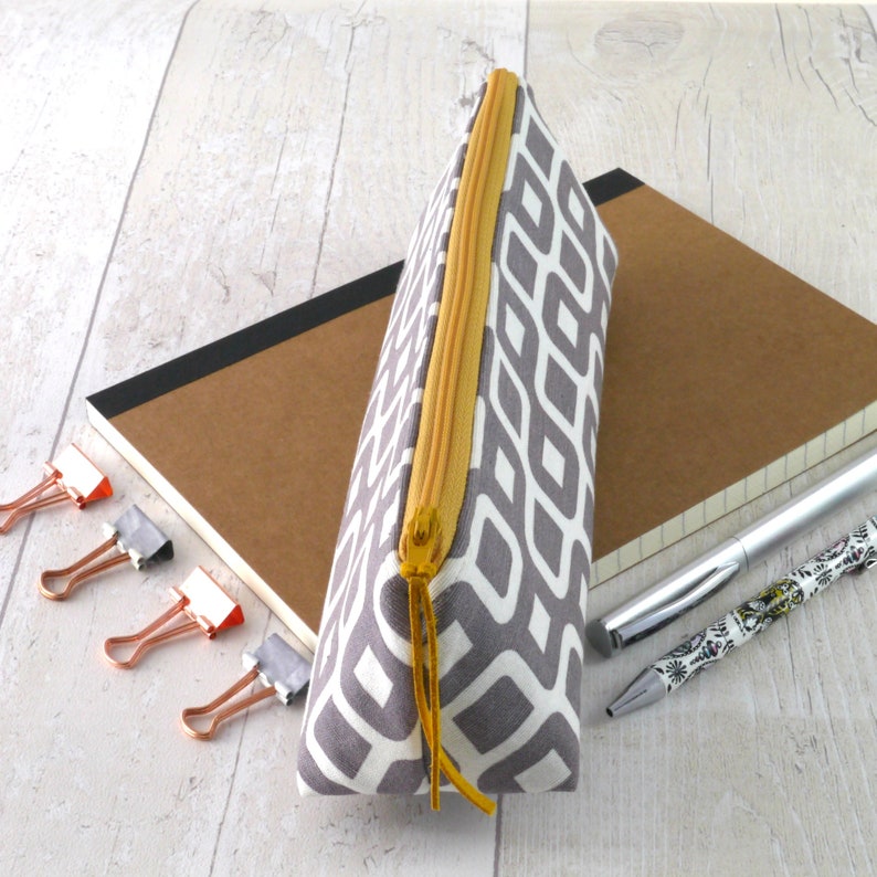 Grey Pencil case for women Geometric zip bag lined with mustard polka dot fabric Makeup bag Storage pouch Gift for her Teacher gift