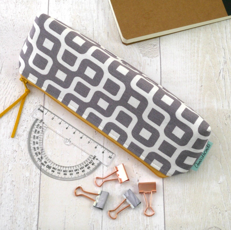 Grey Pencil case for women Geometric zip bag lined with mustard polka dot fabric Makeup bag Storage pouch Gift for her Teacher gift