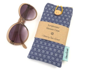 Soft glasses case, Padded sunglasses pouch, Eyeglasses holder, Navy blue geometric print