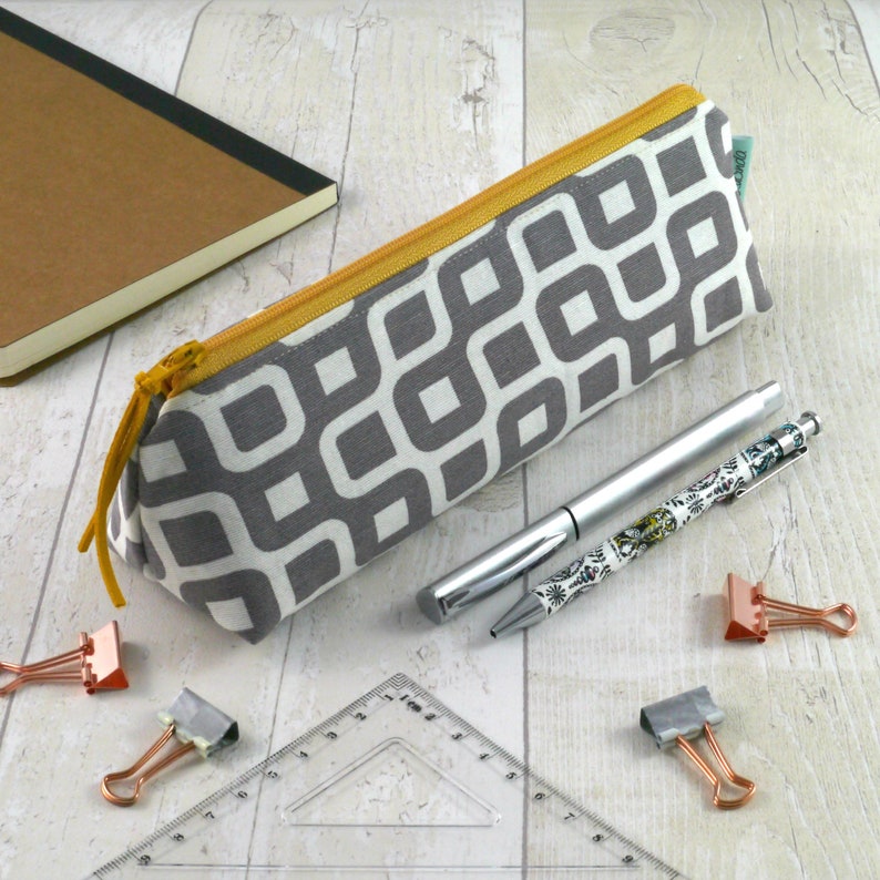Grey Pencil case for women Geometric zip bag lined with mustard polka dot fabric Makeup bag Storage pouch Gift for her Teacher gift