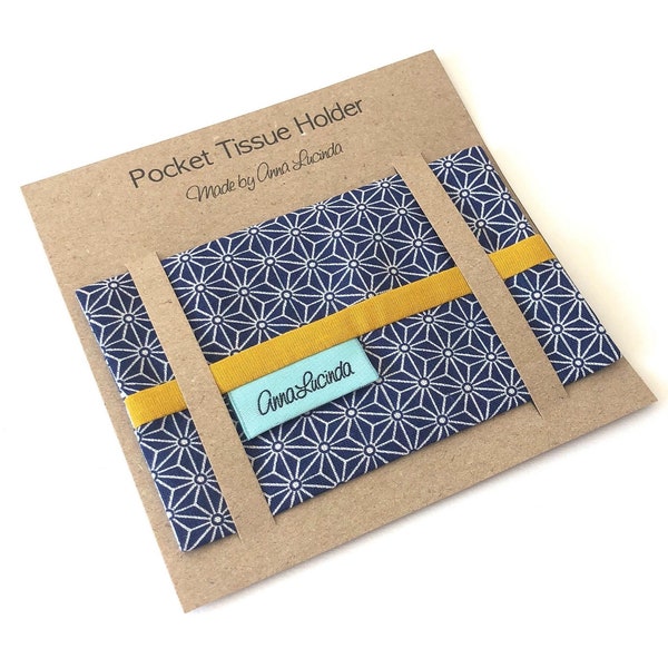 Reusable pocket tissue pouch, Blue geometric tissue cover, Mustard