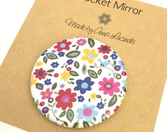 Pocket mirror, makeup mirror, floral fabric round mirror, Teacher gift