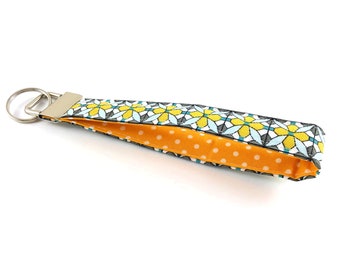 Adult keyring Key fob Fabric wristlet keychain Yellow Geometric wristlet strap