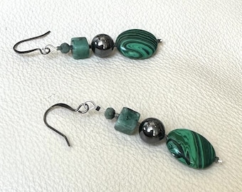 Emerald, Malachite, and Hematite Earrings