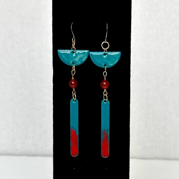 Turquoise and Orange Enamel Earrings with Carnelian and Gold Accents