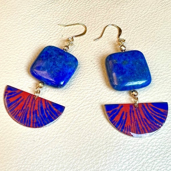 Lapis with Blue and Orange Enamel Earrings