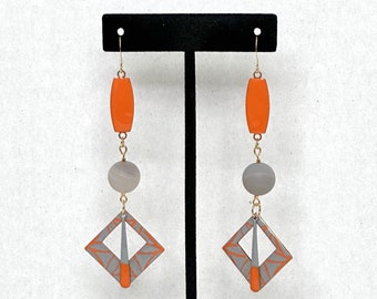 Orange n Gray Enamel and Agate Earrings