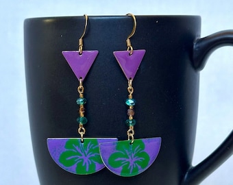 Purple/Green Enamel and Crystal Earrings