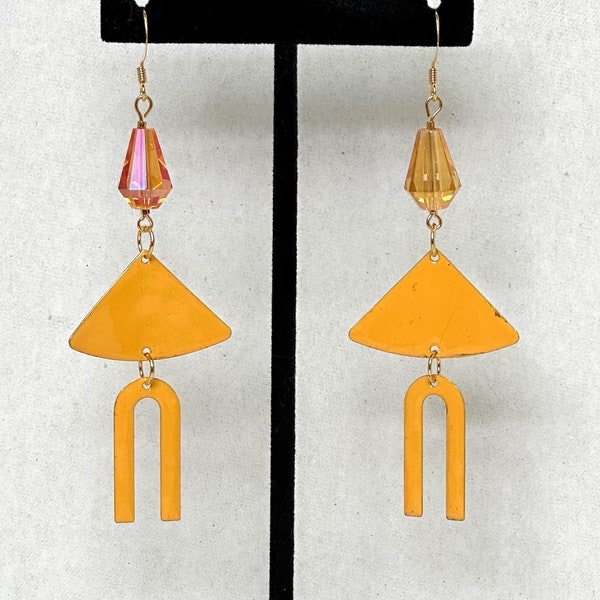 Goldenrod Yellow Enamel, Crystal and Gold, Secret Cat Earrings