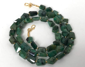 Faceted Emerald Nuggets, 24K Gold Seed Beads and Gold Plated Clasp