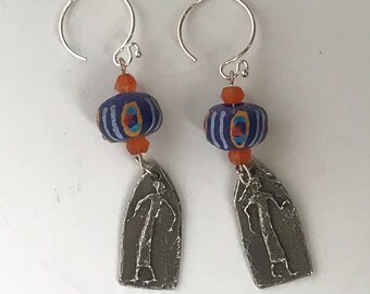 African Glass Trading Beads, Carnelian & Pewter Charm Earrings