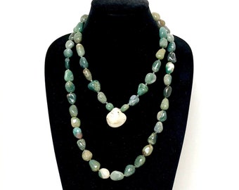 Ancient Fosillized Clam and Bloodstone with Czech Crystal Necklace