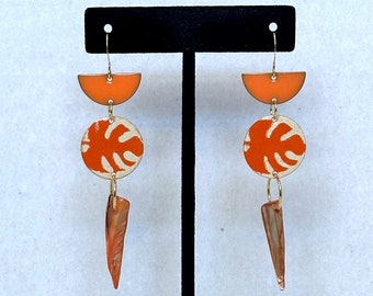 Orange Leaf Enamel and Mother of Pearl Earrings