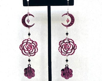 Pink and Black Enamels with Onyx, Pink Tourmaline and Silver Earrings