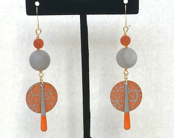 Oranage and Gray Enamel Charms with Agate and Carnelian Earrings