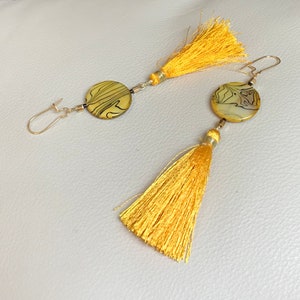 Golden Yellow Tassel and Mother of Pearl Earrings