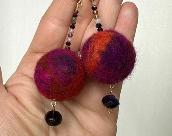Felted Wool, Czech Glass, and Purple Tiger Eye Earrings