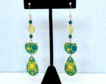 Yellow and Teal Enameled Brass with Prehnite and African Turquoise Earrings