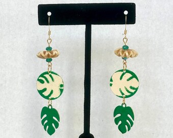 Leafy Green Enamel, Carved Bone, and Crystal Earrings