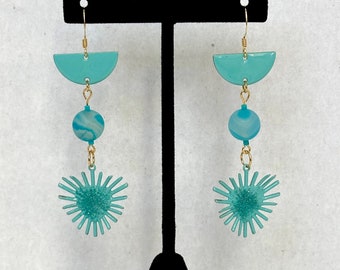Aqua/Turquoise Enamel and Agate Earrings