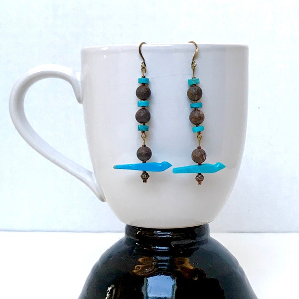 Turquoise, Bronzite, & Agate Zuni Bird Fetish Earrings