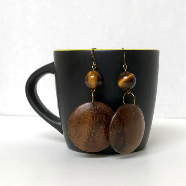 Robles Wood, Tiger Eye, & Antique Gold Earrings