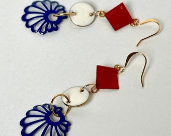 Rot, Weiß und Blau Emaille und Gold Ohrringe