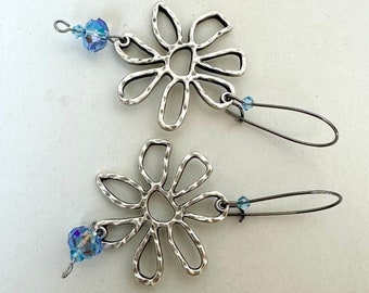 Antique Silver plated Daisy charms with Crystal Rondelle Earrings