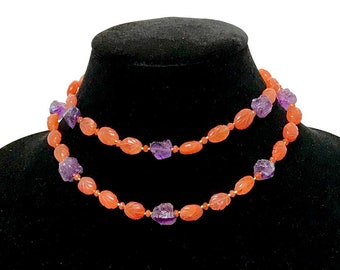 Carved & Faceted Carnelian, Raw Amethyst Crystal and Gold Necklace
