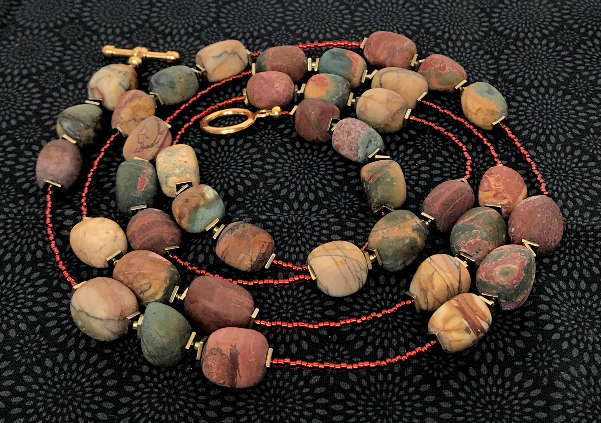 Matte Red Creek Jasper and Gold Plated Hematite Necklace