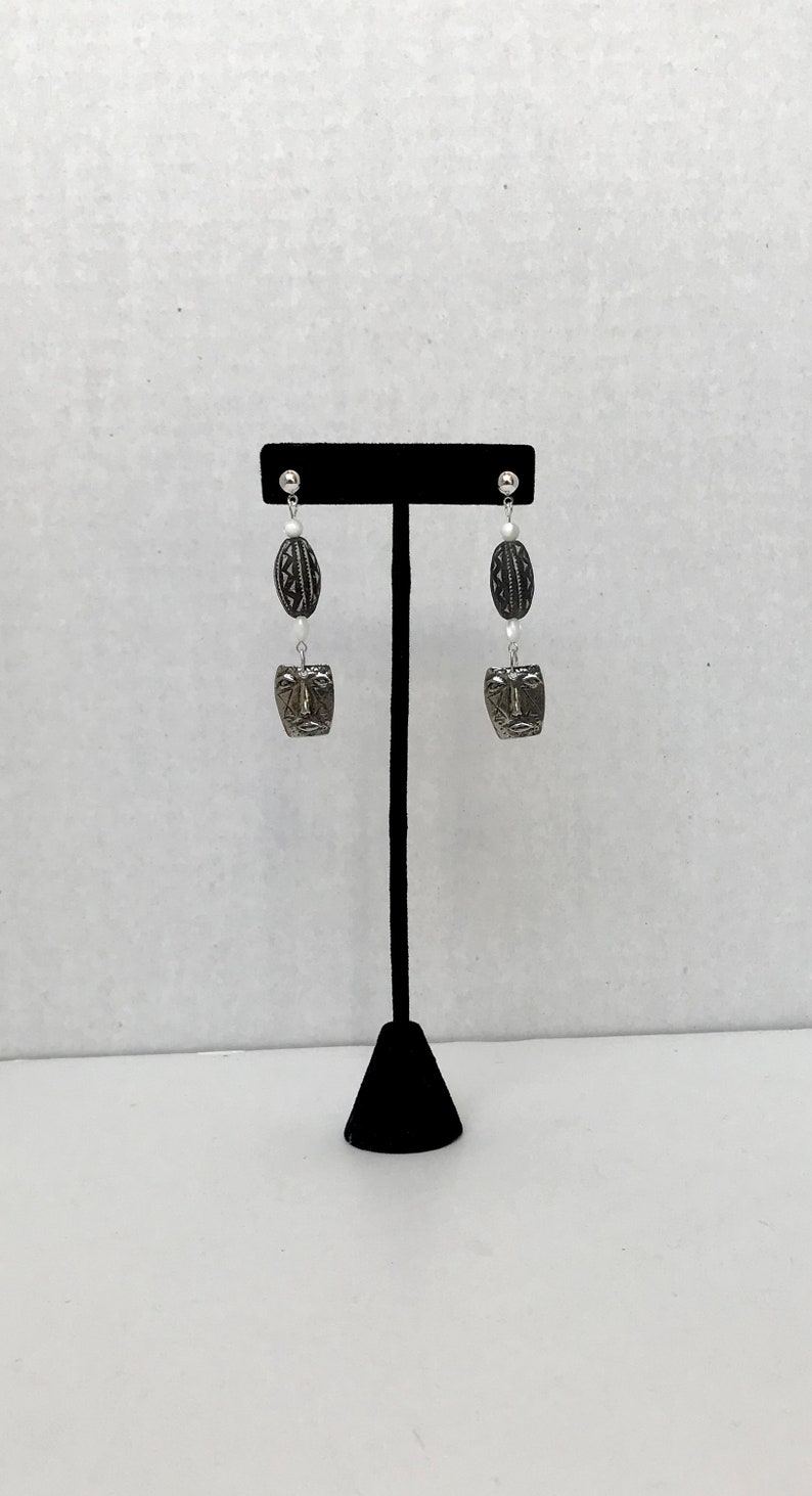Mother of Pearl and Inviciti Pewter Earrings African Clay Bead