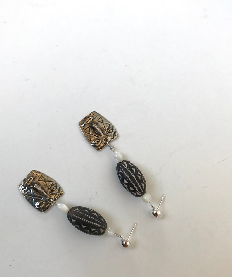 Mother of Pearl and Inviciti Pewter Earrings African Clay Bead