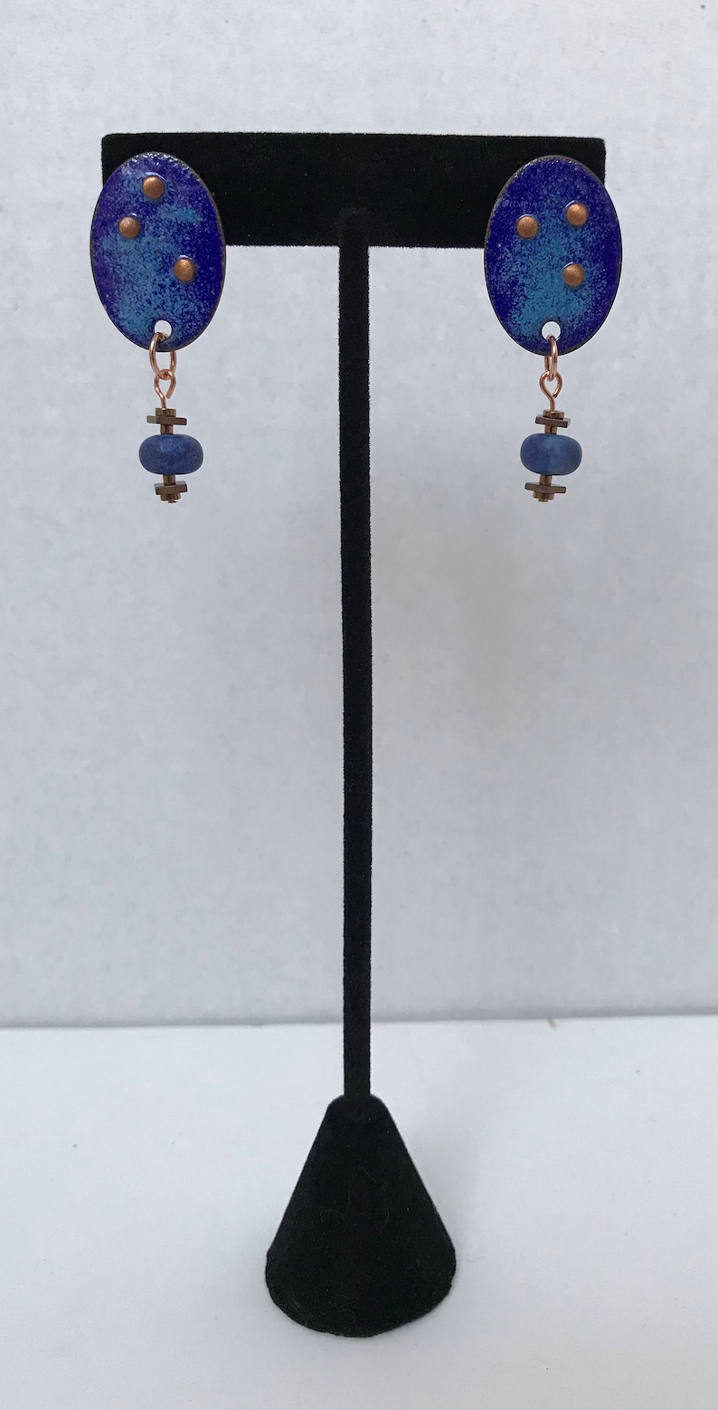 Sodalite and Coppered Hematite Earrings Enameled Copper