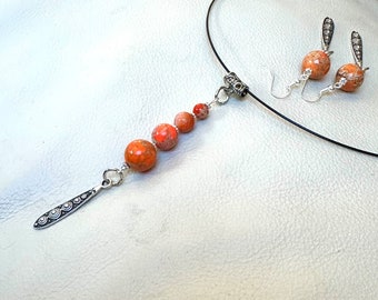 Orange Impression Jasper and Silver Necklace and Earring Set