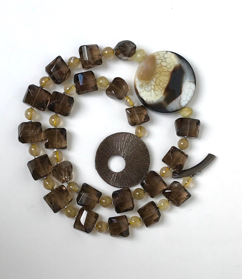 /& Gold Rutilated Quartz Necklace Sunburst Fire Crab Agate Smokey Quartz