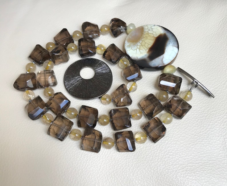 /& Gold Rutilated Quartz Necklace Sunburst Fire Crab Agate Smokey Quartz