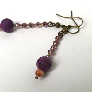 Violet Purple Crazy Lace Agate and Peach Cats Eye Earrings