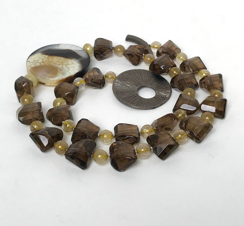 /& Gold Rutilated Quartz Necklace Sunburst Fire Crab Agate Smokey Quartz