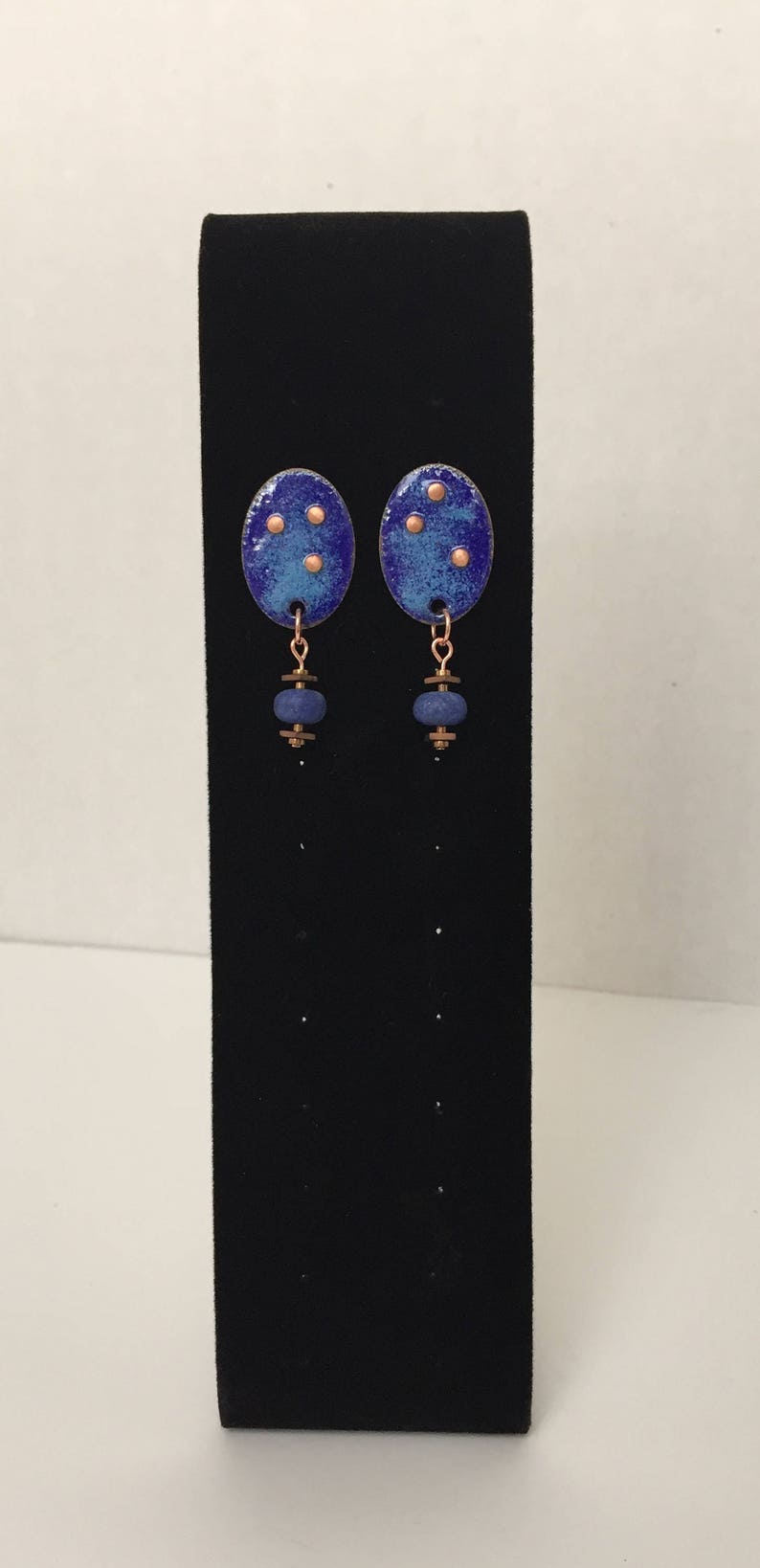 Sodalite and Coppered Hematite Earrings Enameled Copper