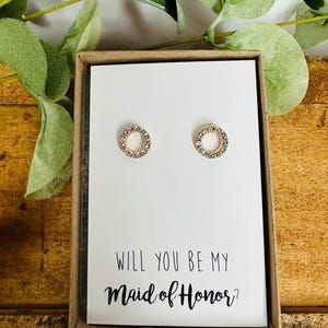 Dainty Small Gold Circle Stud with Crystal | Bridesmaid Gift | Bridesmaid Proposal | Cant Tie the Knot | Minimalist Jewelry | Thank You Gift