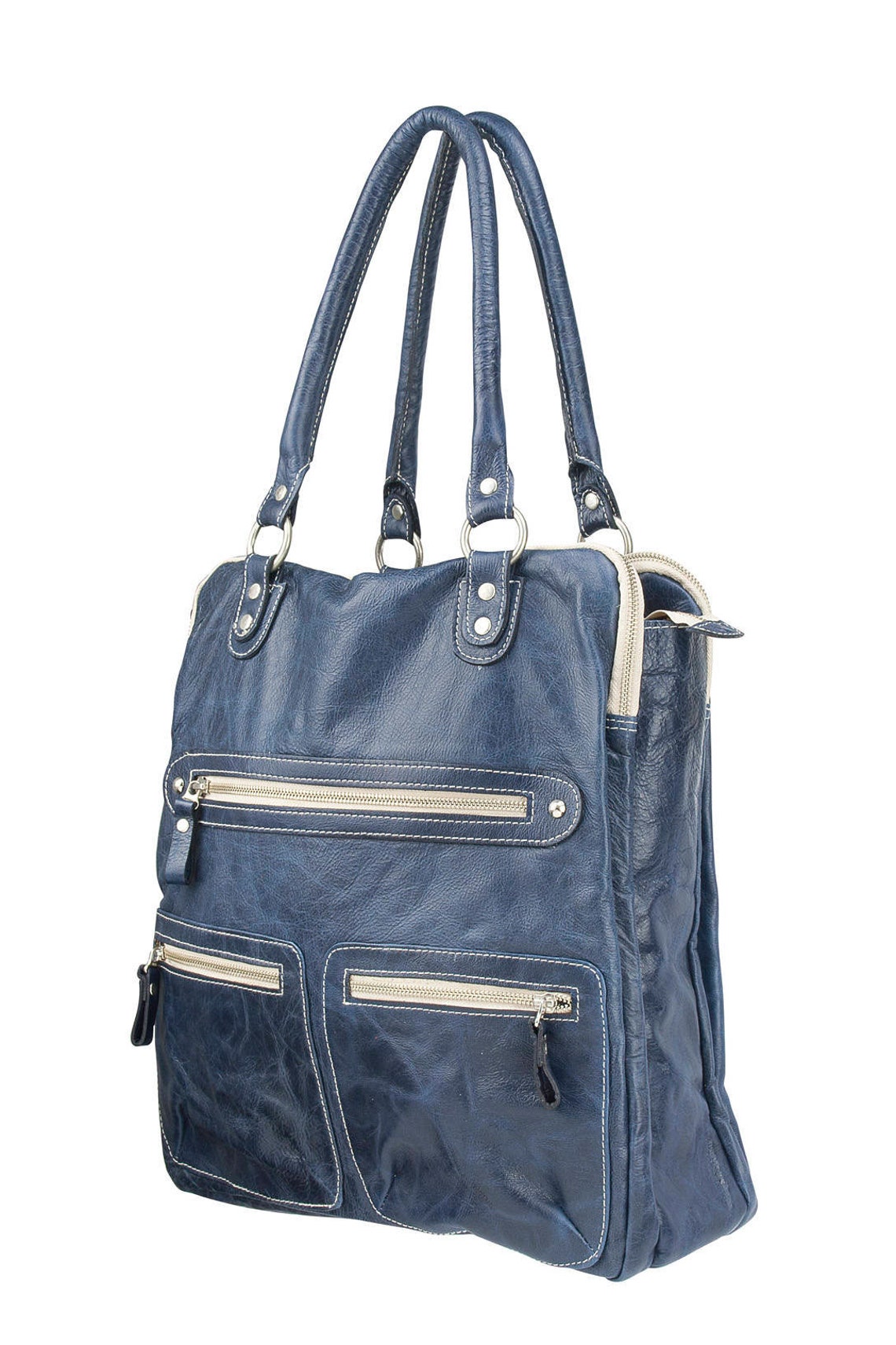 Two Compartments Purse Indigo Blue Leather Laptop Bag for Etsy