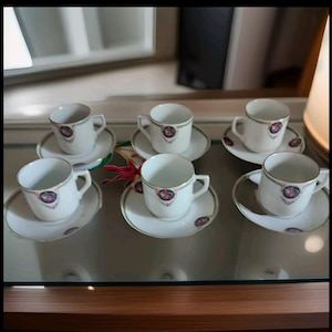 Porcelain coffee service set of six cups and saucers with floral decoration including roses
