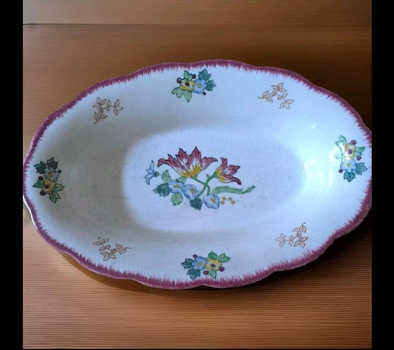 Longwy hollow and oval earthenware dish Marseille model floral decoration late 19th century / 1960 number two