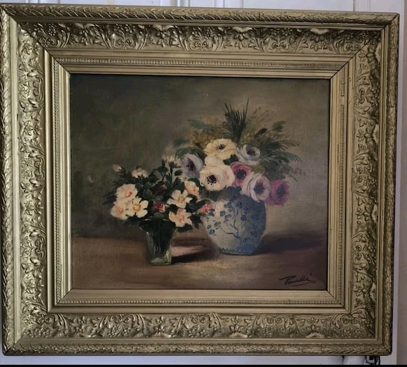 Elegant still life oil on canvas refined floral bouquet signed PENELLI luxurious golden frame