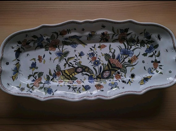 Large Sinceny Earthenware Dish? signed C Décor Rouen "Cornucopias and Bird of Paradise" - Exceptional French Earthenware Piece