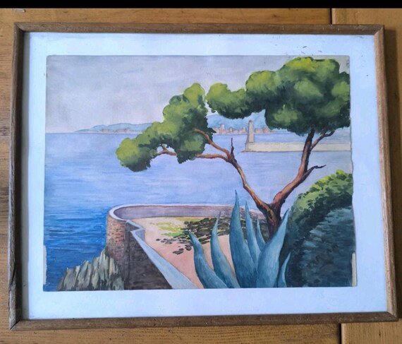 E MATRAT "Mediterranean Landscape" French watercolor signed TARTAM framed under glass