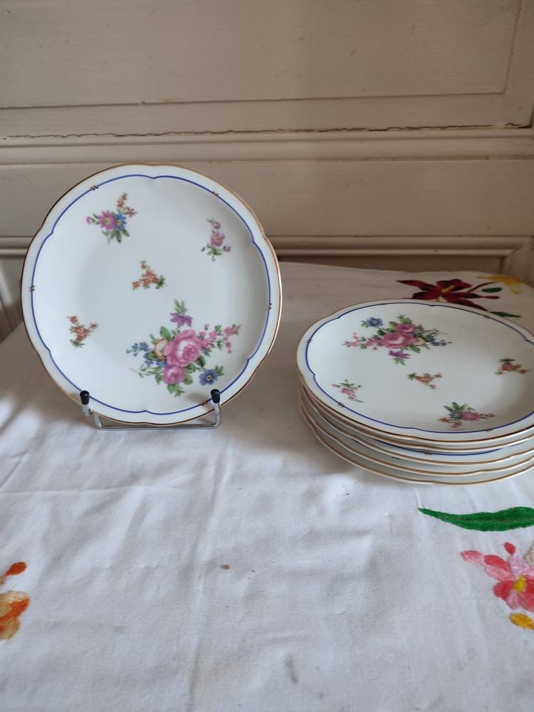 Charles Ahrenfeldt Six Assiettes à Dessert Porcelaine de Limoges Décor Floral