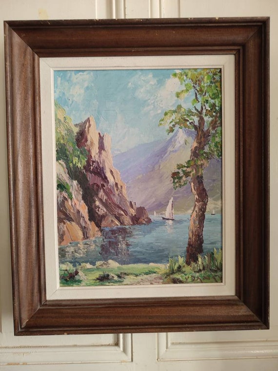 V. DANTY (20th century) "Sailboat mountain lake landscape" oil on framed panel