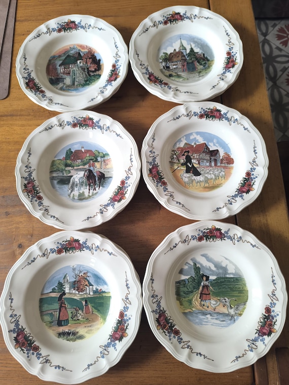 Set of six Sarreguemines Obernai earthenware soup plates, Loux pattern, French faience