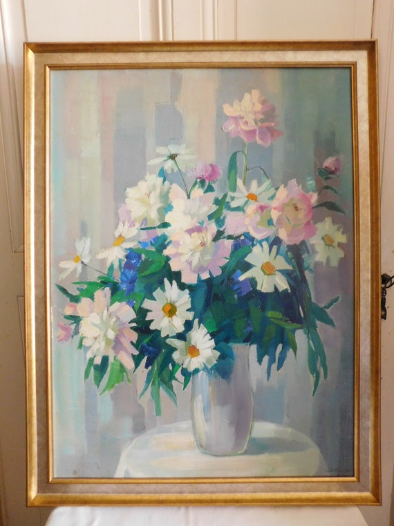 Suzette MÉZIE (1928-2017) "Still life with a bouquet of flowers" including daisies oil on canvas large format Lyonnaise French school